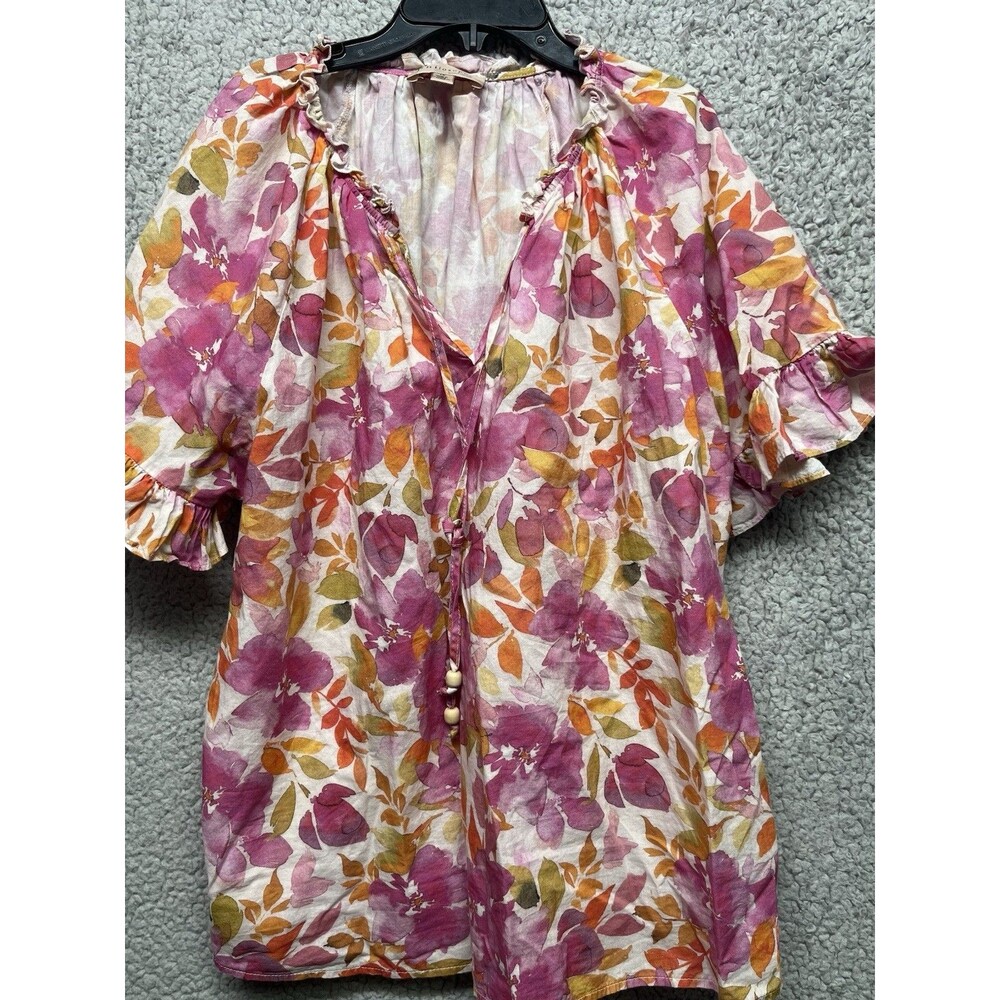 Philosophy Women's Top Cotton Floral Print Ruffle Cap Sleeve Size 1X. Multicolor